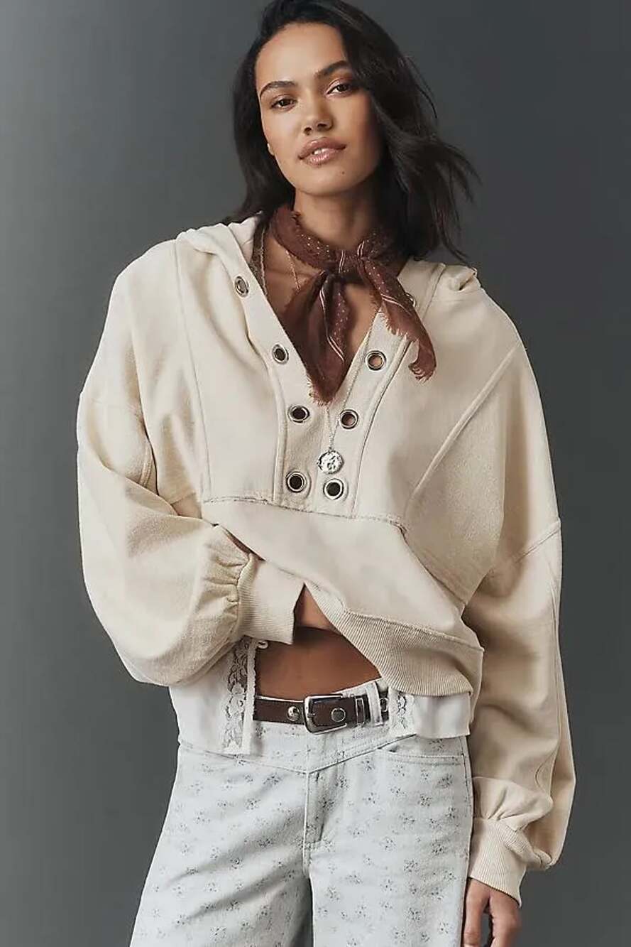 Pilcro Cotton Grommet Hooded Sweatshirt in White Putty